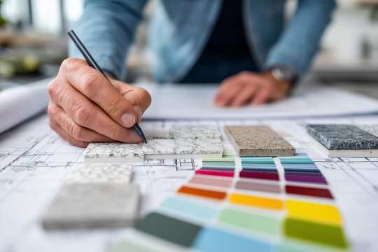 interior designer comparing marble samples and color swatches on desk with blueprint, creative workflow, close-up,