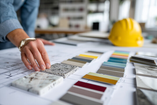 interior designer comparing marble samples and color swatches on desk with blueprint, creative workflow, close-up, 