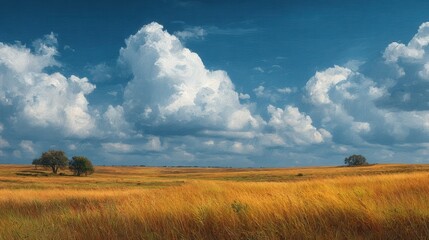 Lone tree in a field of yellow wildflowers under a blue sky filled with fluffy white clouds