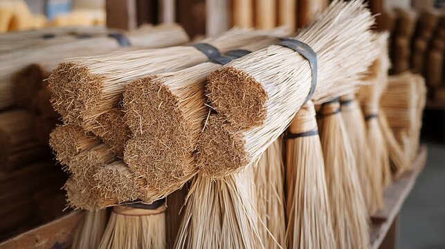 Bundles of natural straw brooms stacked for sale in a workshop