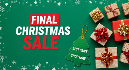 Top-down view of Christmas presents and sale text, on green surface with star and snowflake pattern, presenting retail and holiday shopping concept