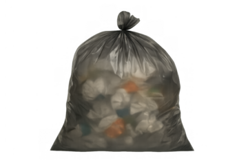 Black plastic garbage bag filled with waste, tied at top, showing disposal, pollution, and recycling concepts