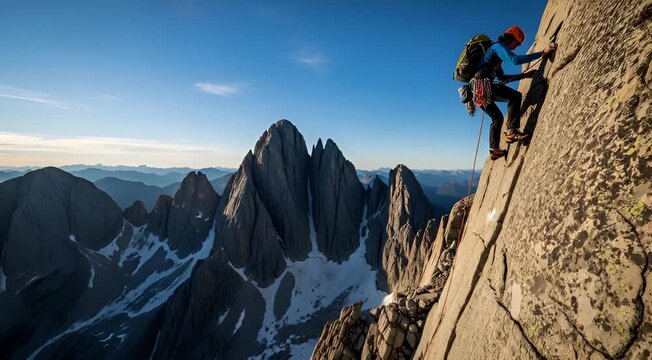 A determined rock climber ascends a sheer granite cliff face towards a mountain summit at sunrise, embodying adventure and perseverance