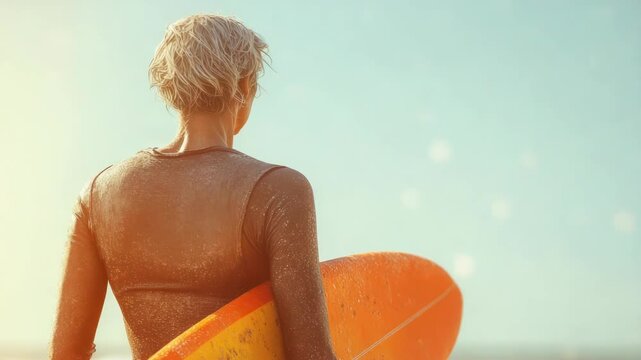 Video A woman standing on a sunny beach, holding a surfboard and looking out at the ocean - Powered by Adobe