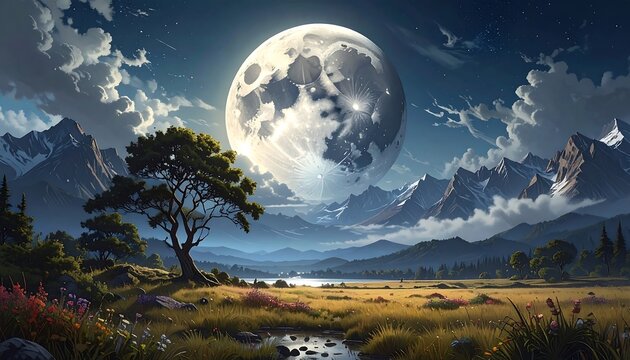 A serene landscape features a giant moon dominating the night sky over majestic mountains and a tranquil, verdant valley