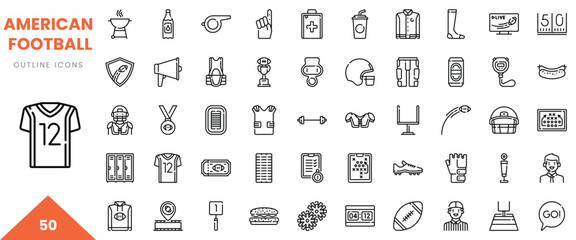Collection of American football outline icons featuring jerseys, trophies, and equipment.