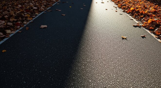 A dramatic contrast of morning sunlight and deep shadow on a wet asphalt path lined with fallen colorful autumn leaves