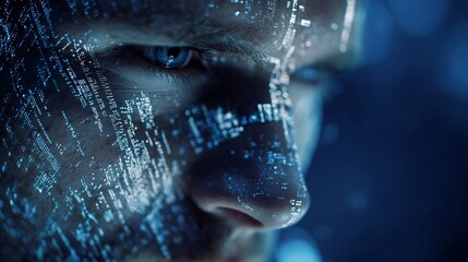 Man's face with digital data projections, focus on future technology concept, background. Possible use AI