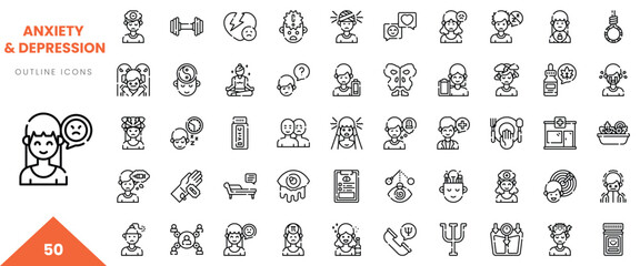 A diverse set of outline icons depicting themes related to anxiety and depression.
