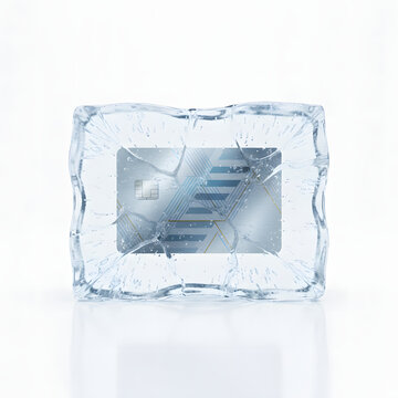 A credit card frozen inside a block of ice isolated in white background. Finance Concept