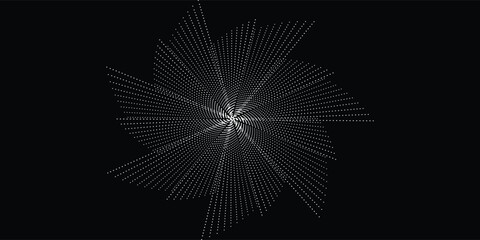 Halftone circular dotted frame set. Isolated circle dot texture on black background. Speckled spray texture. Vector abstract design elements, spiral circles, sound waves, circle vector dots.