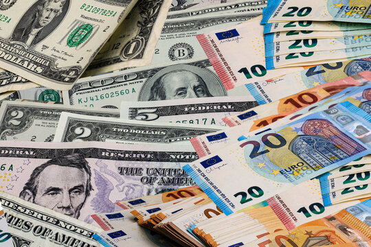 Abstract money background with various dollar and euro banknotes