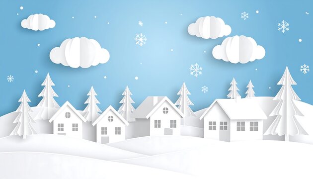 A serene papercut illustration of a winter landscape featuring snow-covered hills, houses, and trees with fluffy clouds and snowflakes