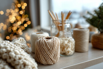 Partial silhouette near crystal clear Christmas decor and yarn craft materials in warm inviting room, with copy space