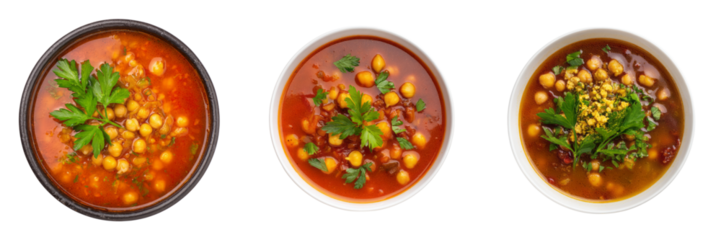 Delicious chickpea soup trio kitchen counter food photography transparent background close-up