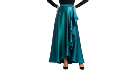 Elegant flowing teal iridescent satin maxi skirt with ruffles isolated on transparent background
