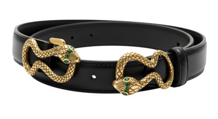 Elegant black leather belt with ornate gold snake buckle and green gemstone accents isolated on transparent background