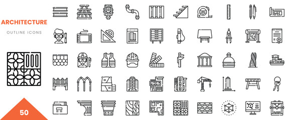 A diverse collection of architectural outline icons including tools, structures, and materials.