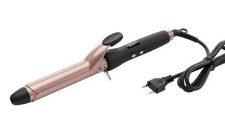 Professional rose gold curling iron wand with power cord and plug isolated on transparent background