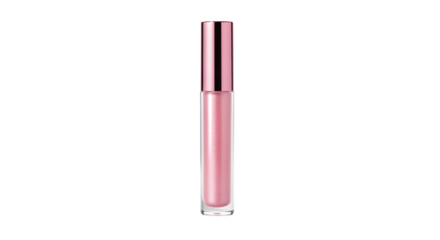 A single long slender tube of light pink liquid lipstick with a rose gold cap isolated on transparent background