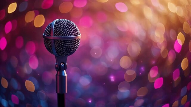 Studio microphone on stand with colorful bokeh background creating a vibrant atmosphere for performance or recording purposes