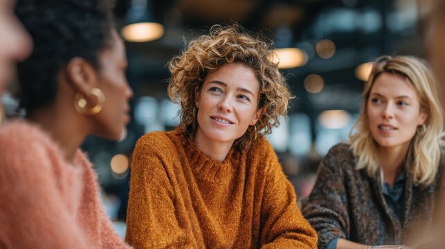 Group of businesswomen talking at office during meeting, cheerful women conversing on conference