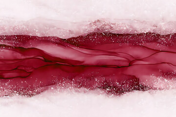 赤のアルコールインクアート風抽象背景、水彩の流れと雪のようなテクスチャ