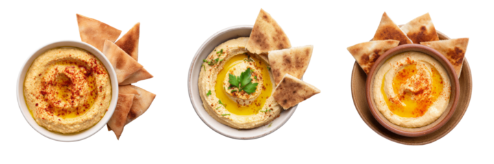 Delicious hummus varieties with pita chips transparent background food photography studio