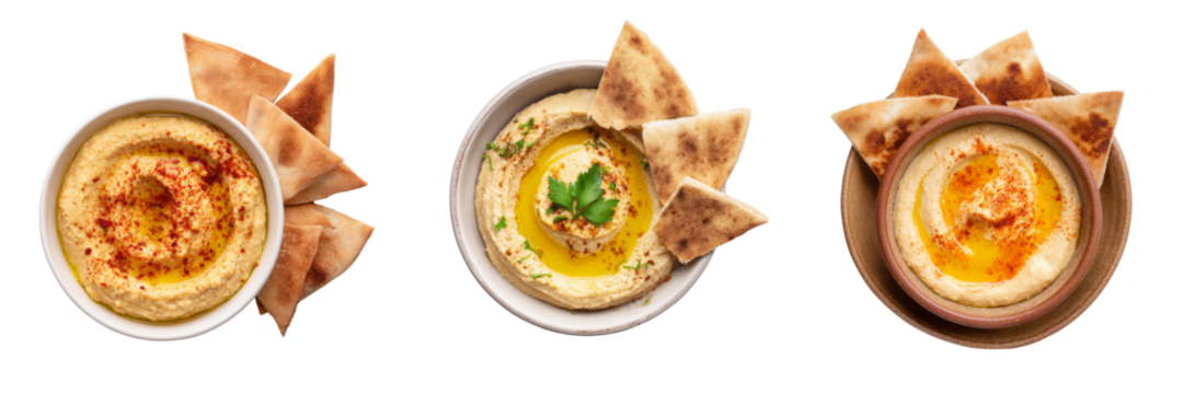 Delicious hummus varieties with pita chips transparent background food photography studio
