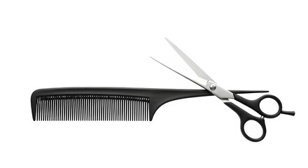 Professional black comb and sharp silver scissors for hairstyling isolated on transparent background