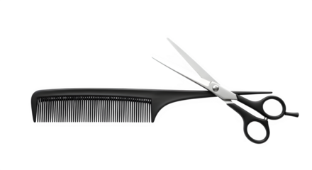Professional black comb and sharp silver scissors for hairstyling isolated on transparent background
