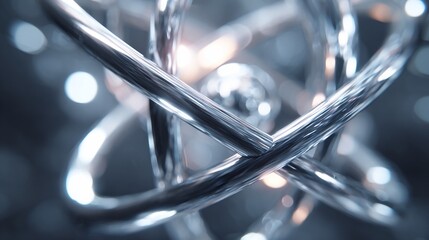Metallic abstract atom close-up showing structure, bokeh background, used for science visualizations
