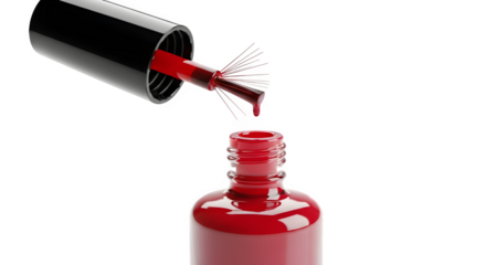 Close up of a red nail polish bottle with brush dripping polish isolated on transparent background