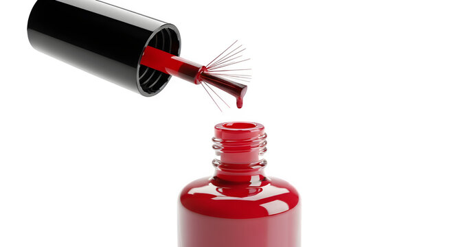 Close up of a red nail polish bottle with brush dripping polish isolated on transparent background - Powered by Adobe
