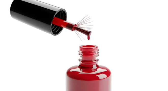 Close up of a red nail polish bottle with brush dripping polish isolated on transparent background