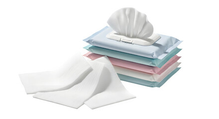 Stack of colorful baby wet wipes with one opened and pulled out on a transparent background isolated on transparent background