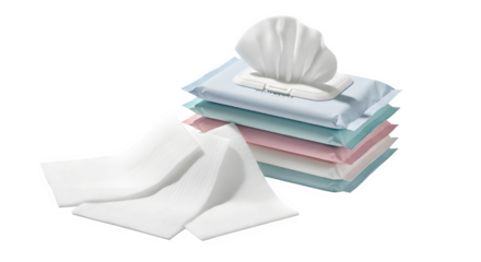 Stack of colorful baby wet wipes with one opened and pulled out on a transparent background isolated on transparent background