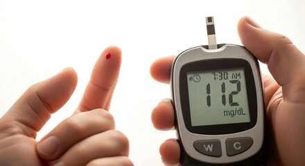 A person measures their blood glucose level with a digital glucometer, showing a reading of 112 mg/dL.