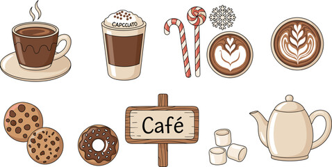 Cute Holiday Café Icons – Hand-Drawn Festive Coffee Shop Doodles for Winter & Christmas Designs