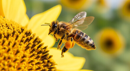 Honeybee collecting pollen from a vibrant sunflower, buzzing with life in a sunny field, nature's beauty captured in exquisite detail, perfect for summer designs
