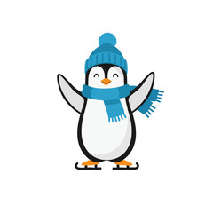 Cheerful Cartoon Penguin with Blue Scarf and Hat Spreading Joy