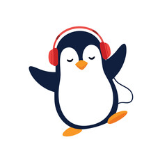 Cartoon Penguin with Red Headphones Dancing with Closed Eyes