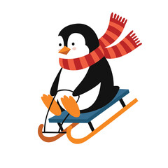 Cartoon penguin with striped scarf joyfully sledding down a snowy hill