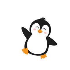 Fototapeta premium Cheerful Cartoon Penguin Waving with Orange Feet and Beak