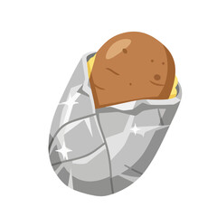 Cartoon baked potato wrapped in foil with starburst reflections illustration