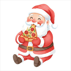 Santa Claus eating a slice of pizza, watercolor illustration isolated on black background
