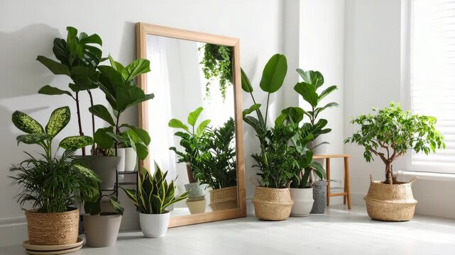 Assorted potted houseplants arranged in bright room, near a mirror, create a cozy and inviting atmosphere.