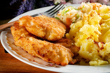 Fried cod fillet.