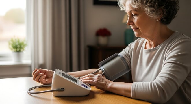 Senior woman self-monitoring her blood pressure with a digital device while sitting at a table at home.