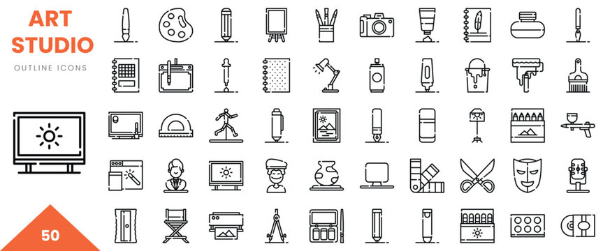 Variety of art studio outline icons showcasing creative tools and instruments.